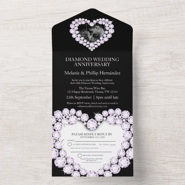 Invitation Tout En Un 60ème diamant mariage anniversaire photo noir (À l'intérieur)