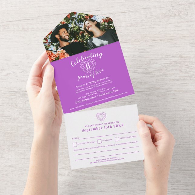 Invitation Tout En Un 6e anniversaire mariage améthyste violet RSVP phot (Déchirure)