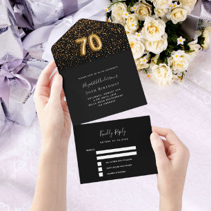 Invitation Tout En Un 70e anniversaire noir confetti rsvp