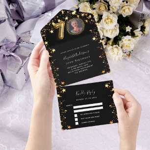 Invitation Tout En Un 70e anniversaire noir étoiles or photo rsvp