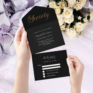 Invitation Tout En Un 70e anniversaire noir script or rsvp