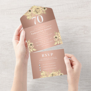 Invitation Tout En Un 70e anniversaire Rose de fête Gold Bold Chic Moder