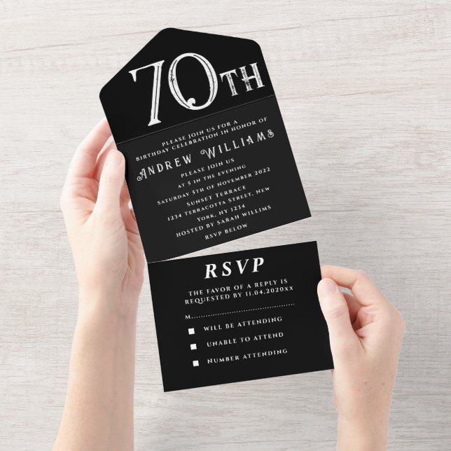 Invitation Tout En Un 70e fête d'anniversaire Noir Blanc Simple Moderne (Déchirure)