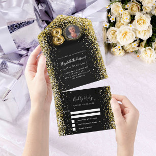 Invitation Tout En Un 80e anniversaire noir or photo rsvp