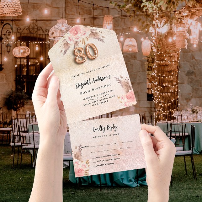 Invitation Tout En Un 80e anniversaire pampas herbe fleurons rose rose R (Créateur téléchargé)