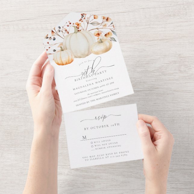 Invitation Tout En Un 90e anniversaire Citrouille de fête Feuilles d'aut (Déchirure)