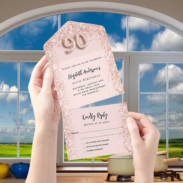 Invitation Tout En Un 90e anniversaire rose or brush fête RSVP (Créateur téléchargé)