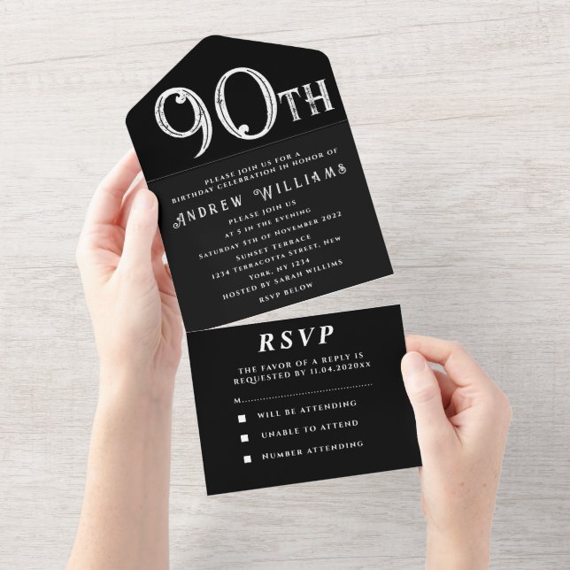 Invitation Tout En Un 90e fête d'anniversaire Noir Blanc Simple Moderne (Déchirure)