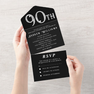 Invitation Tout En Un 90e fête d'anniversaire Noir Blanc Simple Moderne