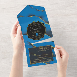Invitation Tout En Un Abstrait D'Or Bleu Tout En Un