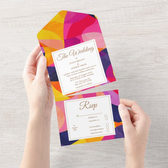 Invitation Tout En Un Abstrait moderne Hot Pink et mariage orange (Déchirure)