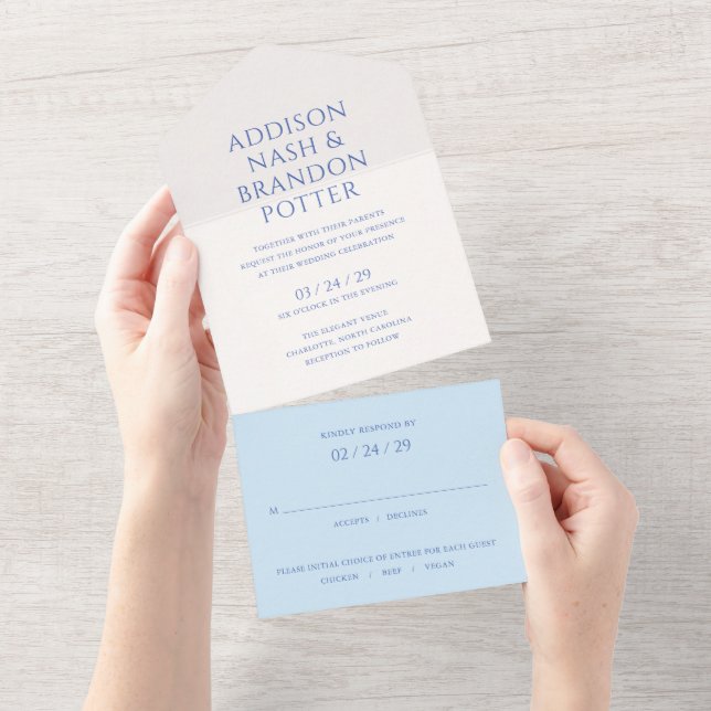 Invitation Tout En Un Addison Bleu Classique Mariage élégant (Déchirure)