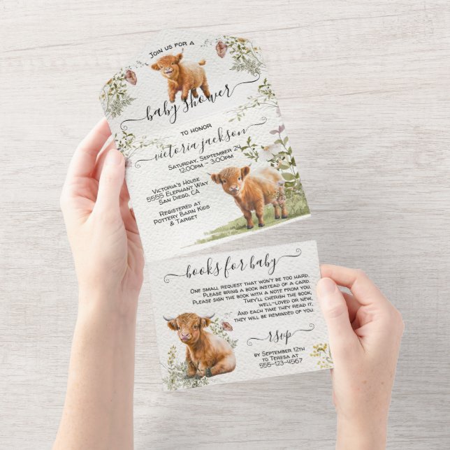 Invitation Tout En Un Adorable Baby shower de vache Highland (Déchirure)