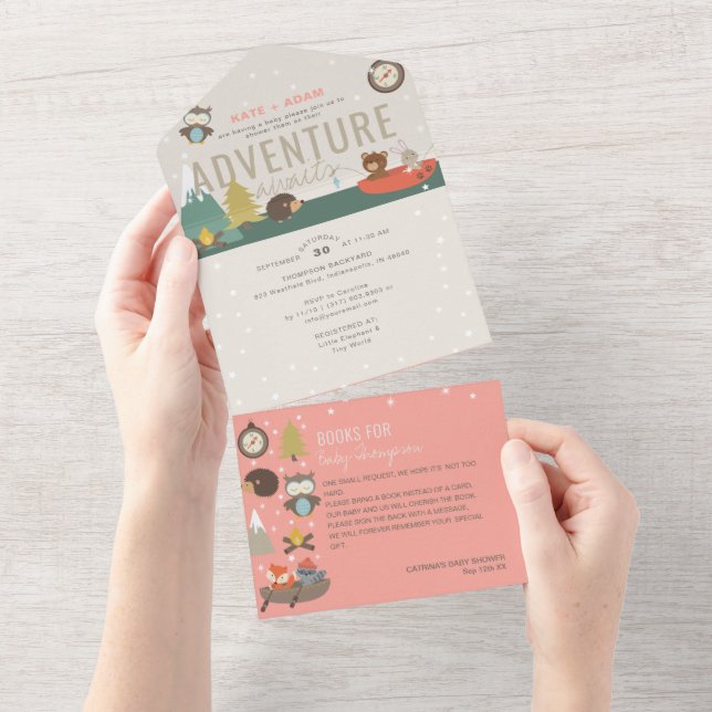 Invitation Tout En Un Adventure Woodland Books Girl Marine Baby shower (Déchirure)