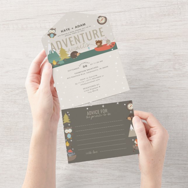 Invitation Tout En Un Adventure Woodland & Conseils Baby shower neutre (Déchirure)