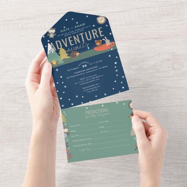 Invitation Tout En Un Adventure Woodland & Predictions Baby shower garço (Déchirure)