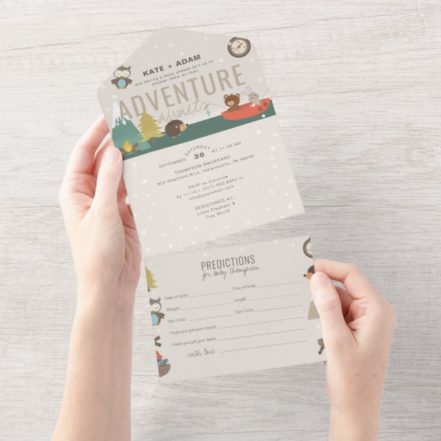 Invitation Tout En Un Adventure Woodland Prédictions Baby shower neutre (Déchirure)