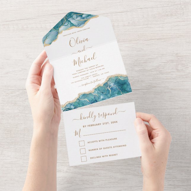 Invitation Tout En Un Agate Aqua Turquoise Blue Gold Wedding RSVP (Déchirure)