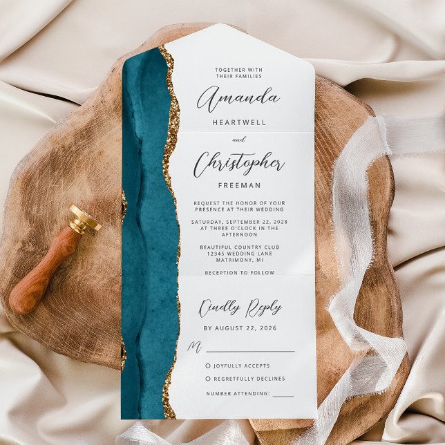Invitation Tout En Un Agate Bleu Sarcelle Or Script (Créateur téléchargé)