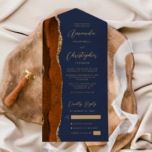 Invitation Tout En Un Agate Brûlé Orange Gold Script Marine Bleu