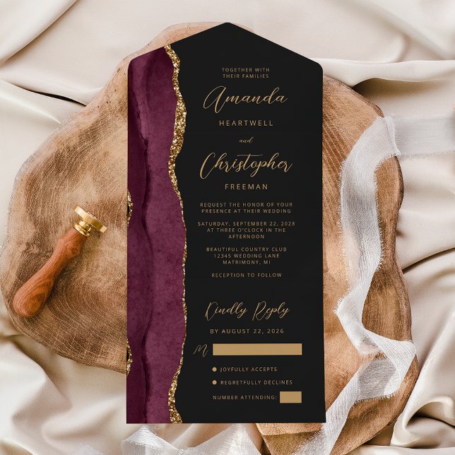 Invitation Tout En Un Agate Burgundy Gold Script foncé (Créateur téléchargé)