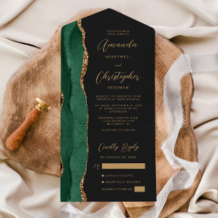 Invitation Tout En Un Agate Emerald Green Gold Script Mariage foncé