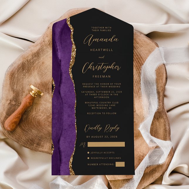 Invitation Tout En Un Agate Purple Gold Script Mariage foncé (Créateur téléchargé)