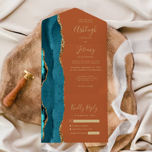 Invitation Tout En Un Agate sarcelle Or cuivré Mariage Orange brûlé