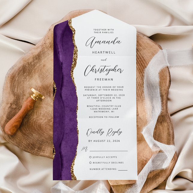 Invitation Tout En Un Agate Violet Or Script (Créateur téléchargé)