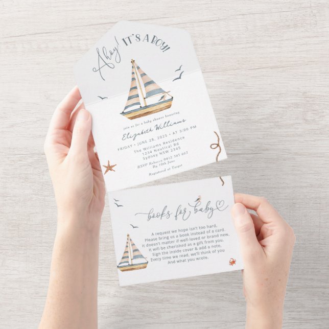 Invitation Tout En Un Ahoy C'est un Baby shower de voilier nautique (Déchirure)