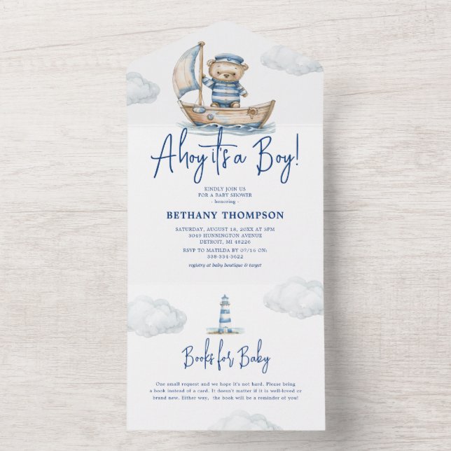 Invitation Tout En Un Ahoy c'est un Baby shower d'ours en peluche (À l'intérieur)