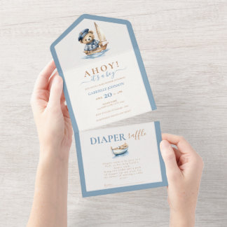 Invitation Tout En Un Ahoy c'est un garçon ! Baby shower nautique minima
