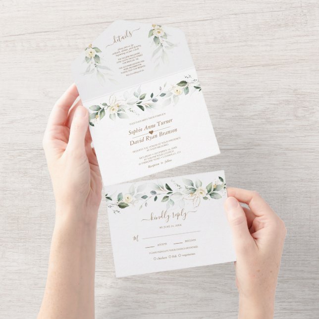 Invitation Tout En Un Airy Greenery Gold White Floral Mariage (Déchirure)