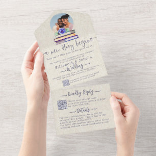 Invitation Tout En Un Ajouter des livres photo et Rose Mariage de lavand