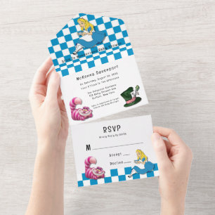 Invitation Tout En Un Alice au pays des merveilles Chat et Baby shower C