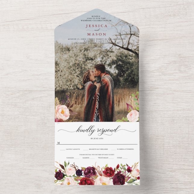 Invitation Tout En Un All in One Burgundy Marsala Mariage rustique Invit (À l'intérieur)