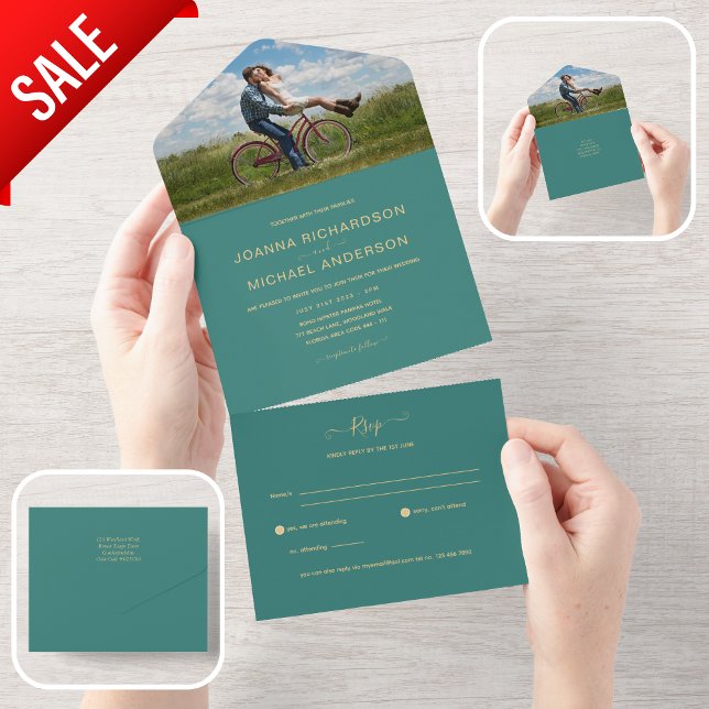 Invitation Tout En Un All Inclusive Turquoise Gold photo Wedding RSVP (Créateur téléchargé)