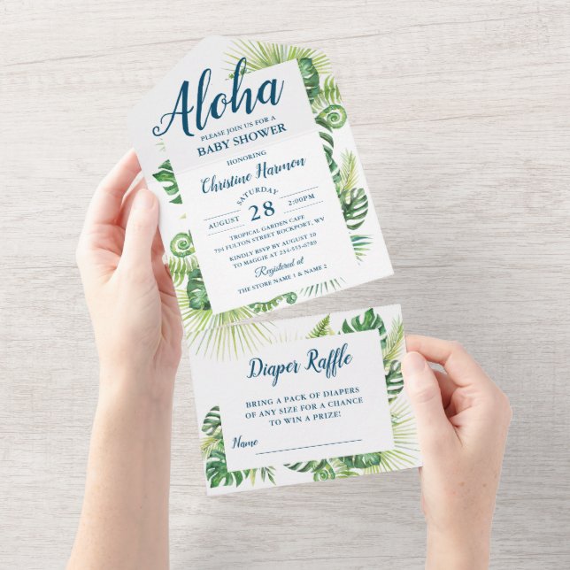 Invitation Tout En Un Aloha Tropical Green Baby shower Déchets Raffle (Déchirure)