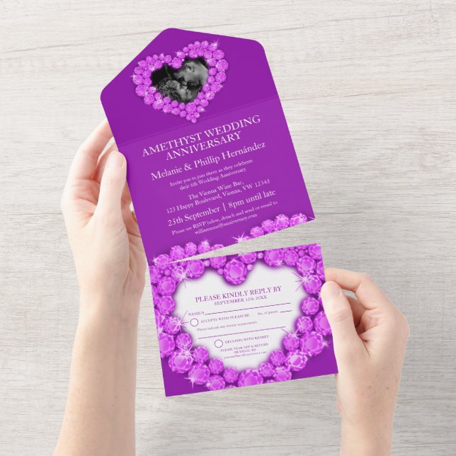 Invitation Tout En Un Amethyst 6e anniversaire mariage photo violet (Déchirure)