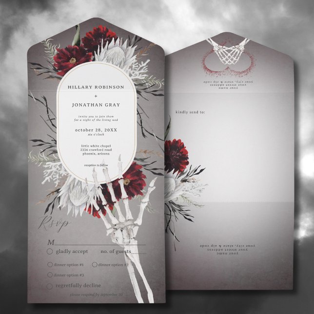 Invitation Tout En Un Amour & os Éffrayant Rouge Floral Mariage Dîner (Love & Bones Spooky Red Floral All In One Wedding Invitation with Dinner Options)