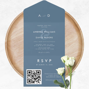 Invitation Tout En Un Ampersand bleu Dusky moderne et code QR RSVP Maria