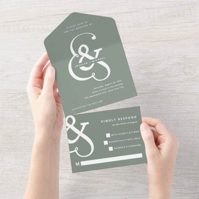 Invitation Tout En Un Ampersand lunaire | Mariage vert Sage (Déchirure)