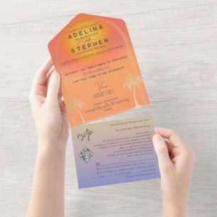 Invitation Tout En Un Ampersand Tropical Beach Sunset Palms RSVP QR Code