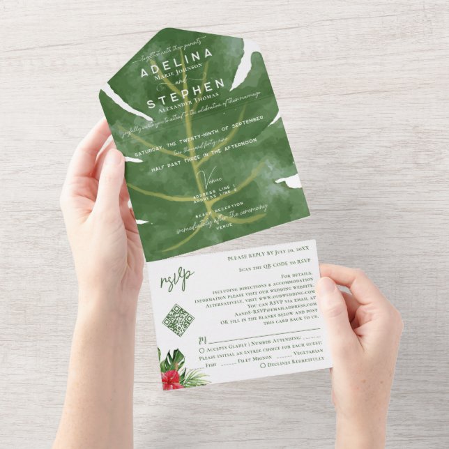 Invitation Tout En Un Ampersand Tropical Monstera Hibiscus RSVP QR Code (Déchirure)