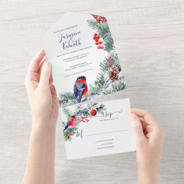 Invitation Tout En Un Ampoule, Poinsettia, Mariage d'hiver de pin (Déchirure)