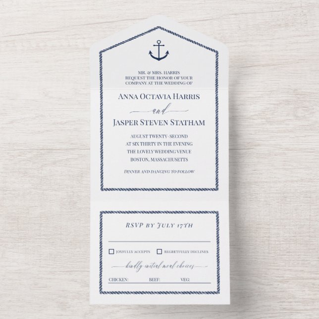 Invitation Tout En Un Ancre Bleue de la Marine blanche Mariage nautique (À l'intérieur)