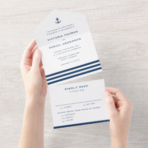 Invitation Tout En Un Ancre bleue marine Mariage nautique