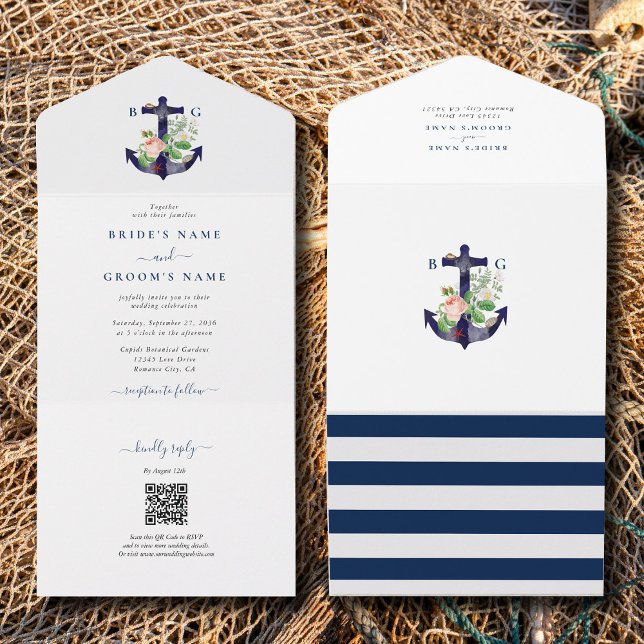 Invitation Tout En Un Ancre Botanique Floral Nautique Mariage d'été (Anchor Botanical Floral Nautical Summer Wedding All In One Invitation)