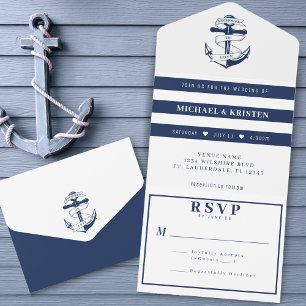 Invitation Tout En Un Ancré en Amour Blanc & Bleu Mariage Ancre