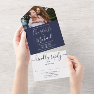 Invitation Tout En Un Ancre marine Bleue Nautique Monogramme Mariage pho